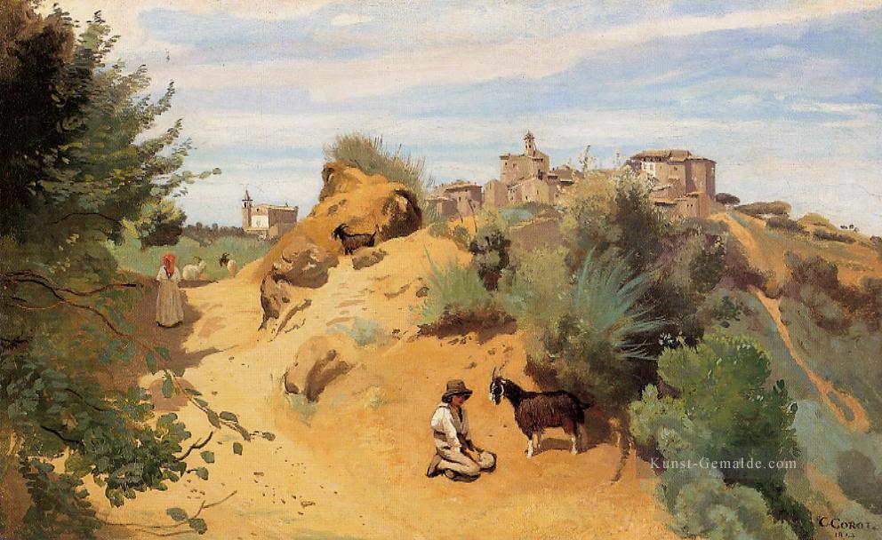 Genzano Goatherd und Dorf plein air Romantik Jean Baptiste Camille Corot Ölgemälde